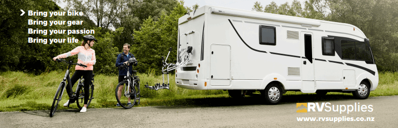 Image showcasing the Thule 3rd Rail Bike Rack Range with bikes beside an RV in nature.