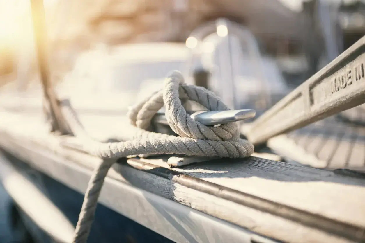 Marine Supplies Auckland & Nationwide - close-up of a rope tied on a boat with sunlight in the background.