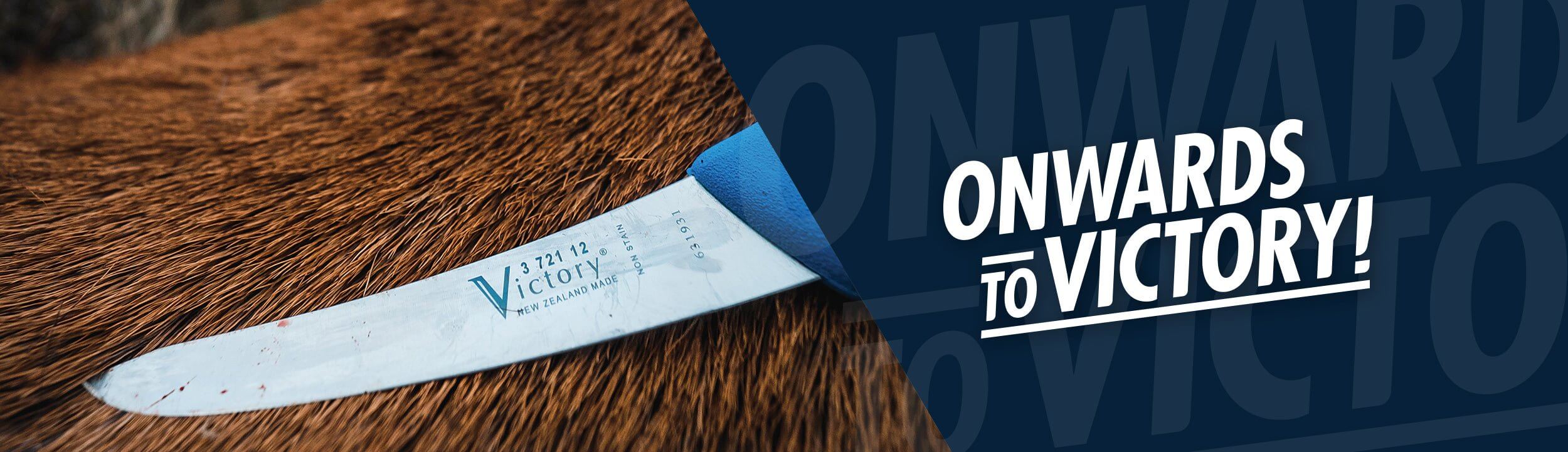 Victory Knives New Range knife displayed on a textured surface with the slogan Onwards to Victory!