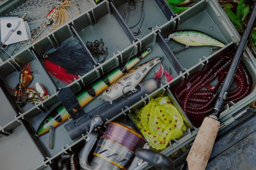 The Essential Nearest Bait and Tackle Shop Guide 2025 showcases assorted fishing lures and tackle in an organized box.