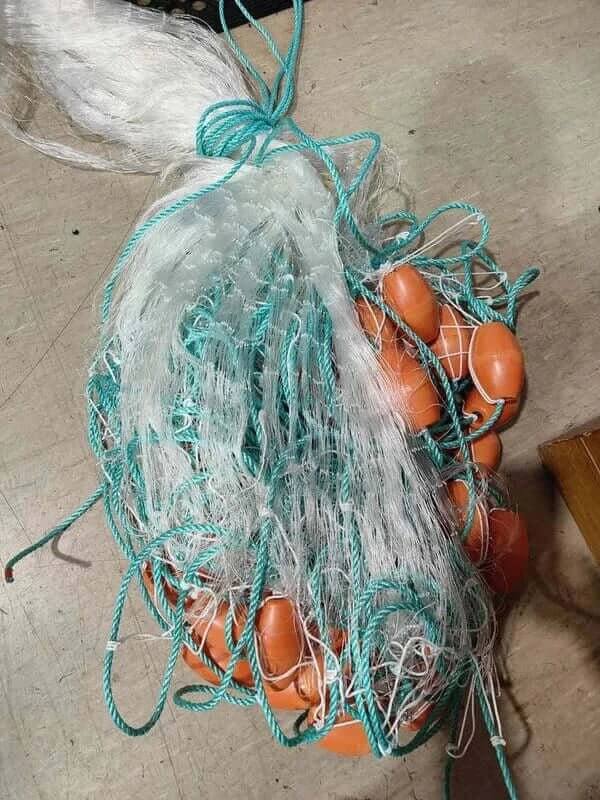 Information Series - Fishing Nets showing a tangled fishing net with floats on a flat surface.