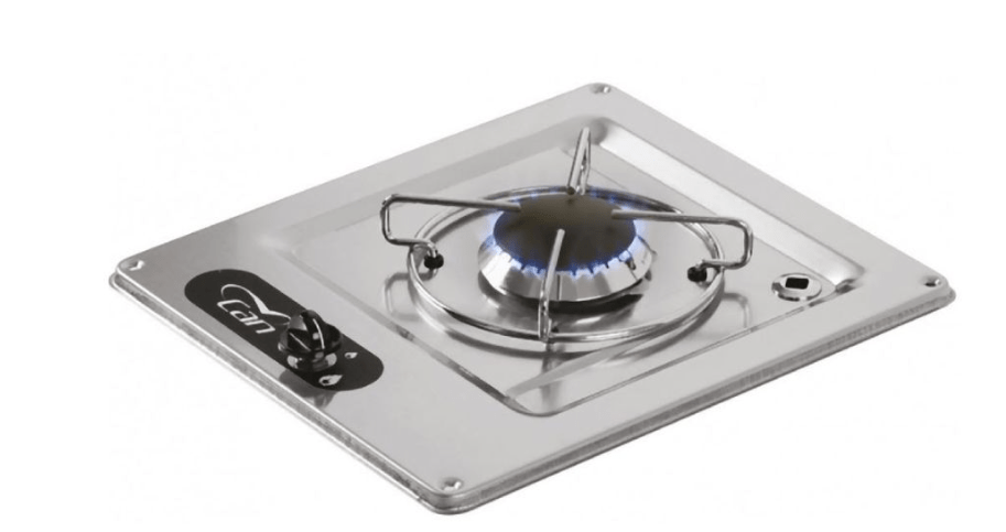 CAN Single Burner Hob Stainless Steel with blue flame and control knob, ideal for cooking.