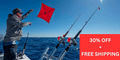 Person flying a kite while fishing, promoting Kite-Drone Longline Specials with 30% off and free shipping.