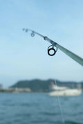 Shark Clip 2.0 fishing accessory 2.0 x 85mm Closed Gap on a fishing rod by the water.