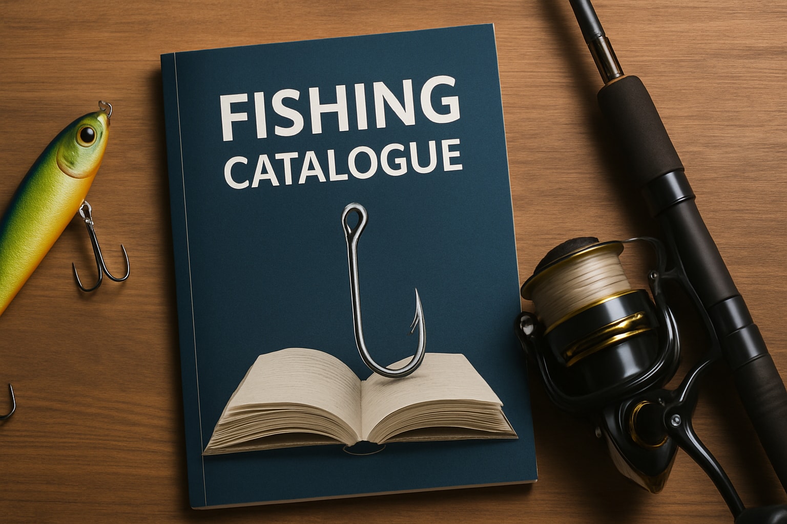 Fishing Catalogue Guide cover featuring a fishing hook and rod on a wooden table.