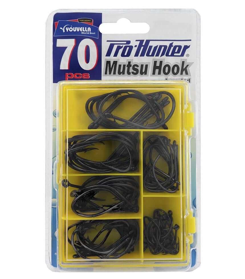 Pro Hunter Mutsu Hook Pack 70 Assorted Pieces displaying assorted fishing hooks in a storage box.