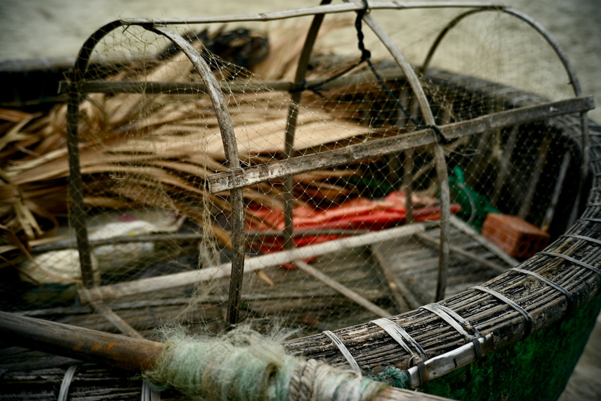 A close-up of a fishing trap with 0.20mm Multi Mono Unsung Mesh crafted for modern fishing techniques.