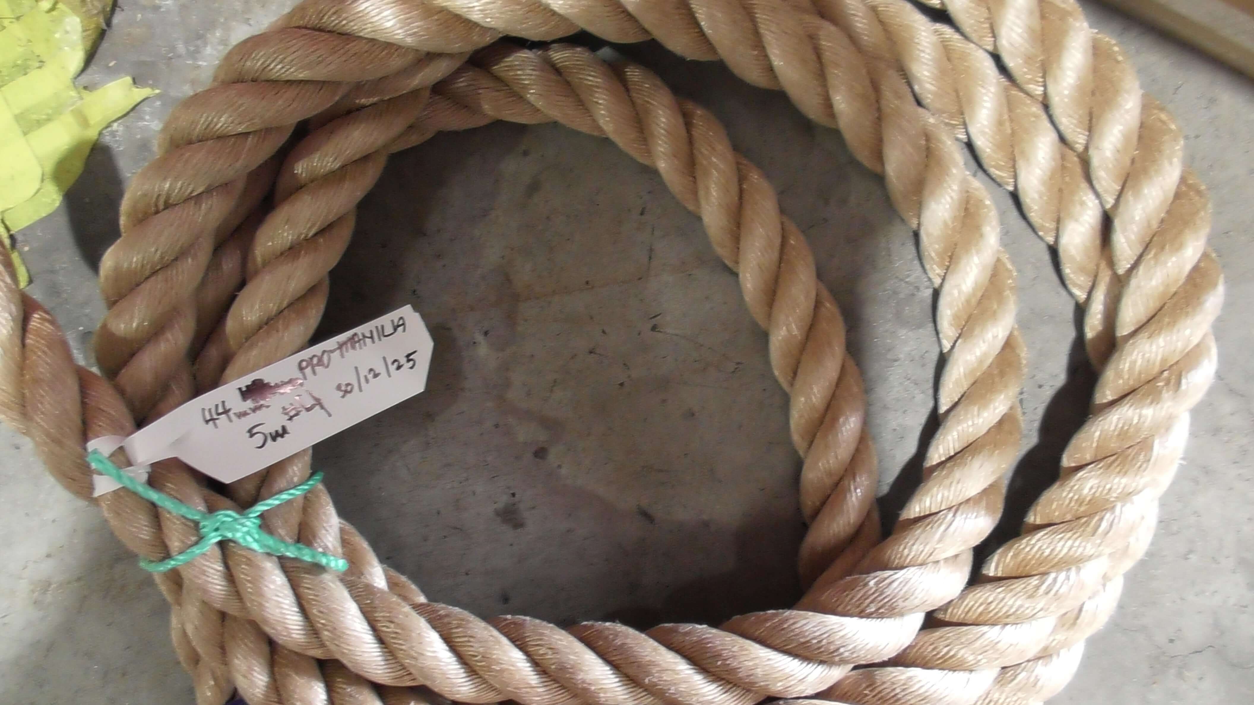 Pro-Manila Rope Shorts 44mm x 5 meters displayed in a coiled arrangement.