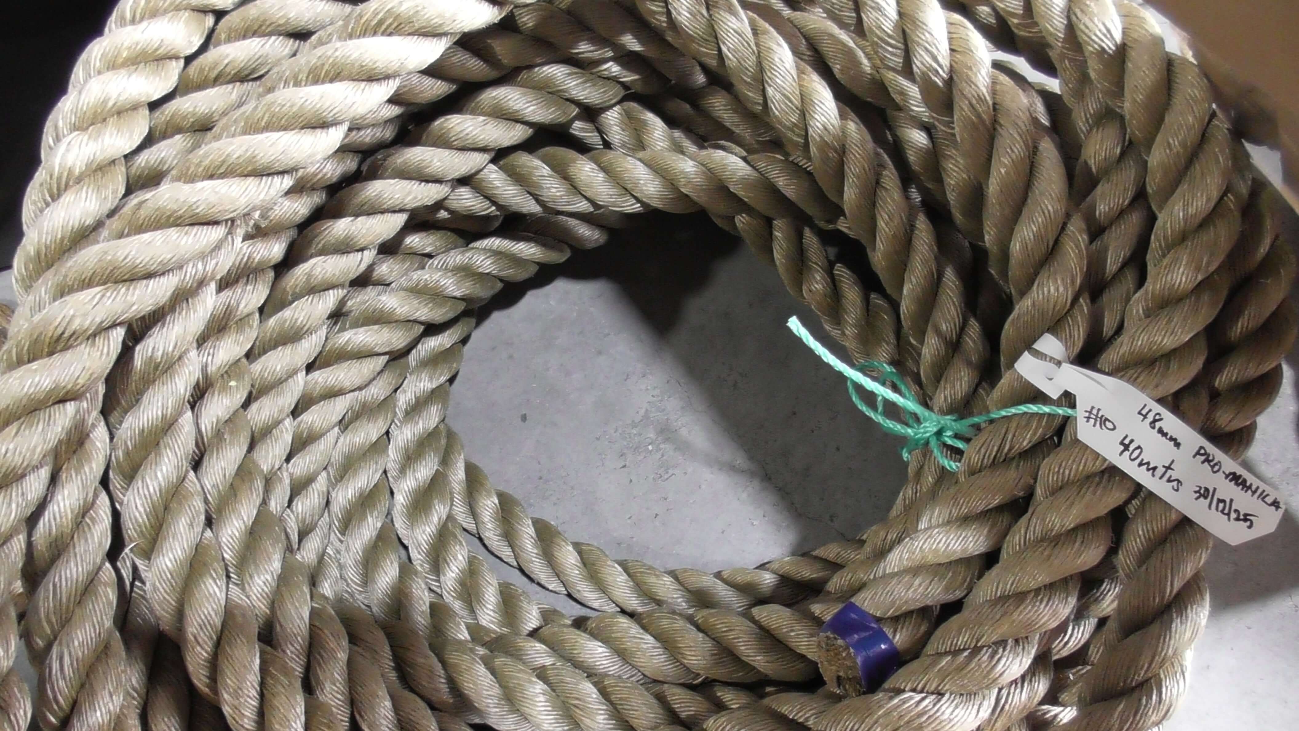 Pro-Manila Rope Shorts 48mm x 40 meters rolled up, showcasing the unique polypropylene fibers for durability.