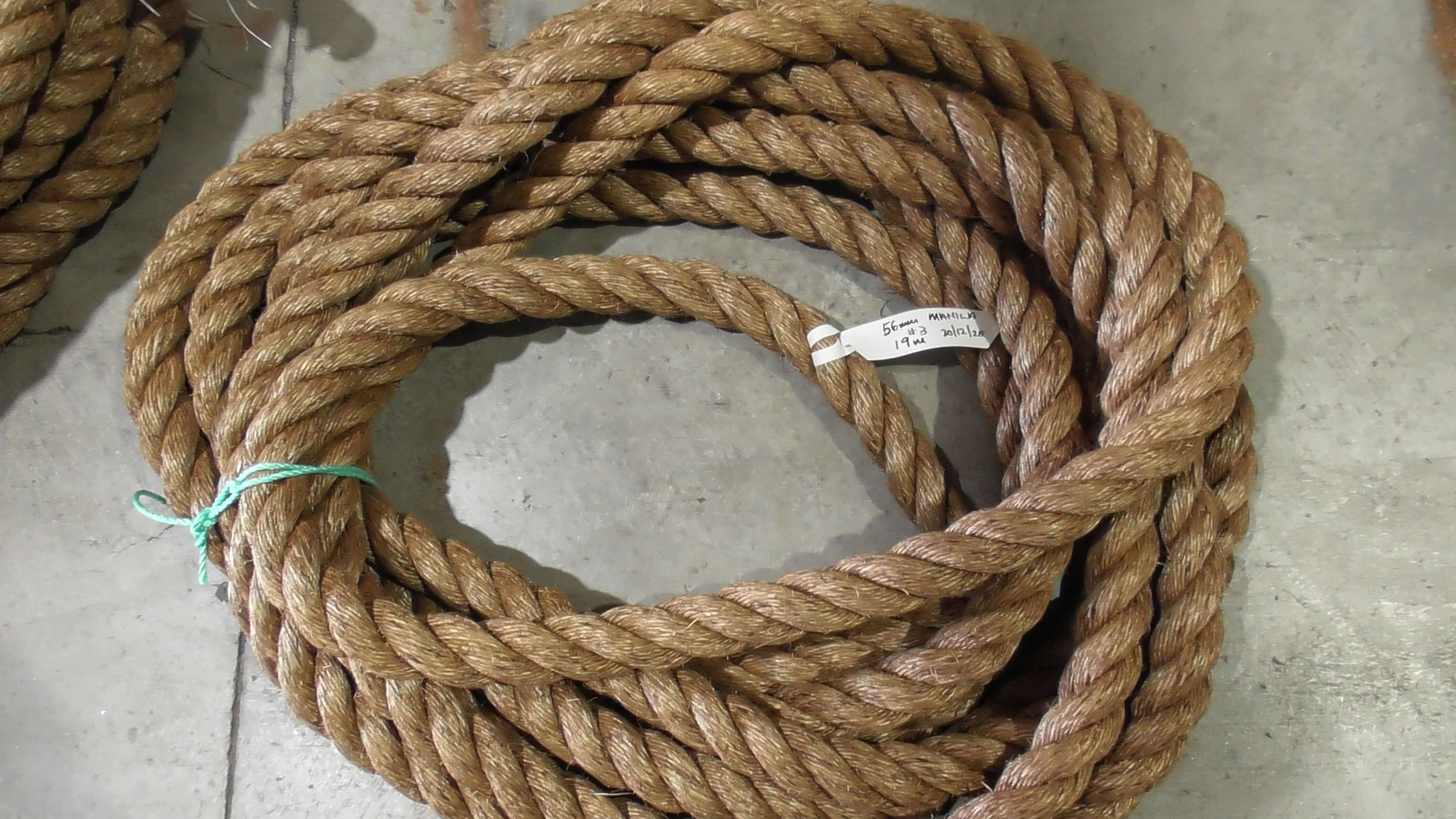 Manila Rope Shorts 56mm x 19 meters coiled and ready for marine, landscaping, and DIY projects.
