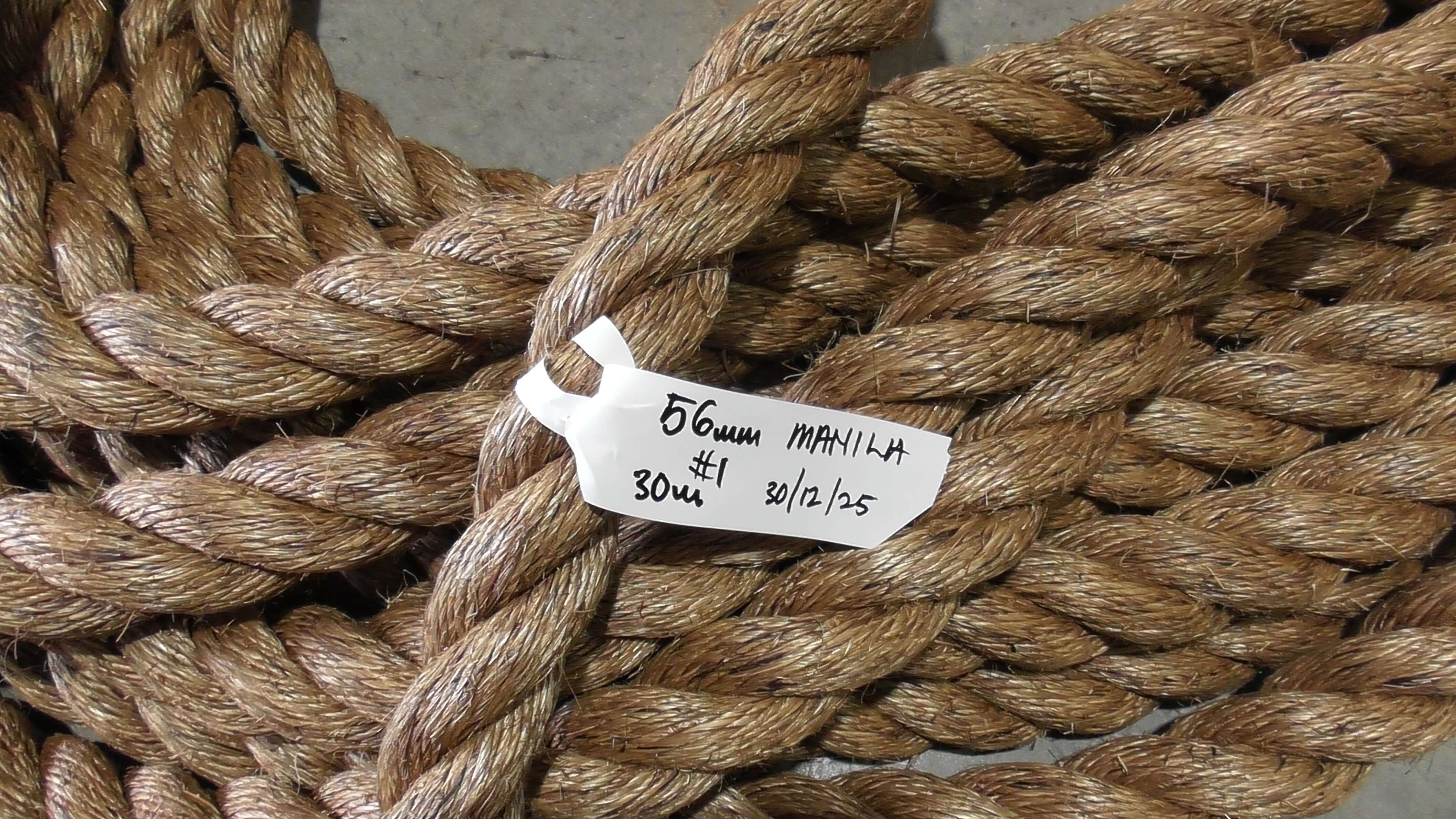 Manila Rope Shorts 56mm x 30 meters displayed with label showing specifications and pricing.