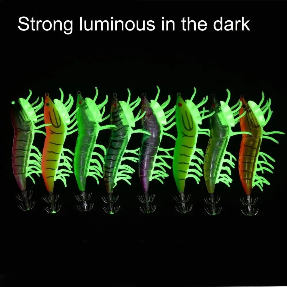 China China 8Pcs/bag Luminous 20g Squid Fishing lure Shrimp Jigs Wood lure 3D Eyes Octopus lures Cuttlefish Artificial bait jigging hook