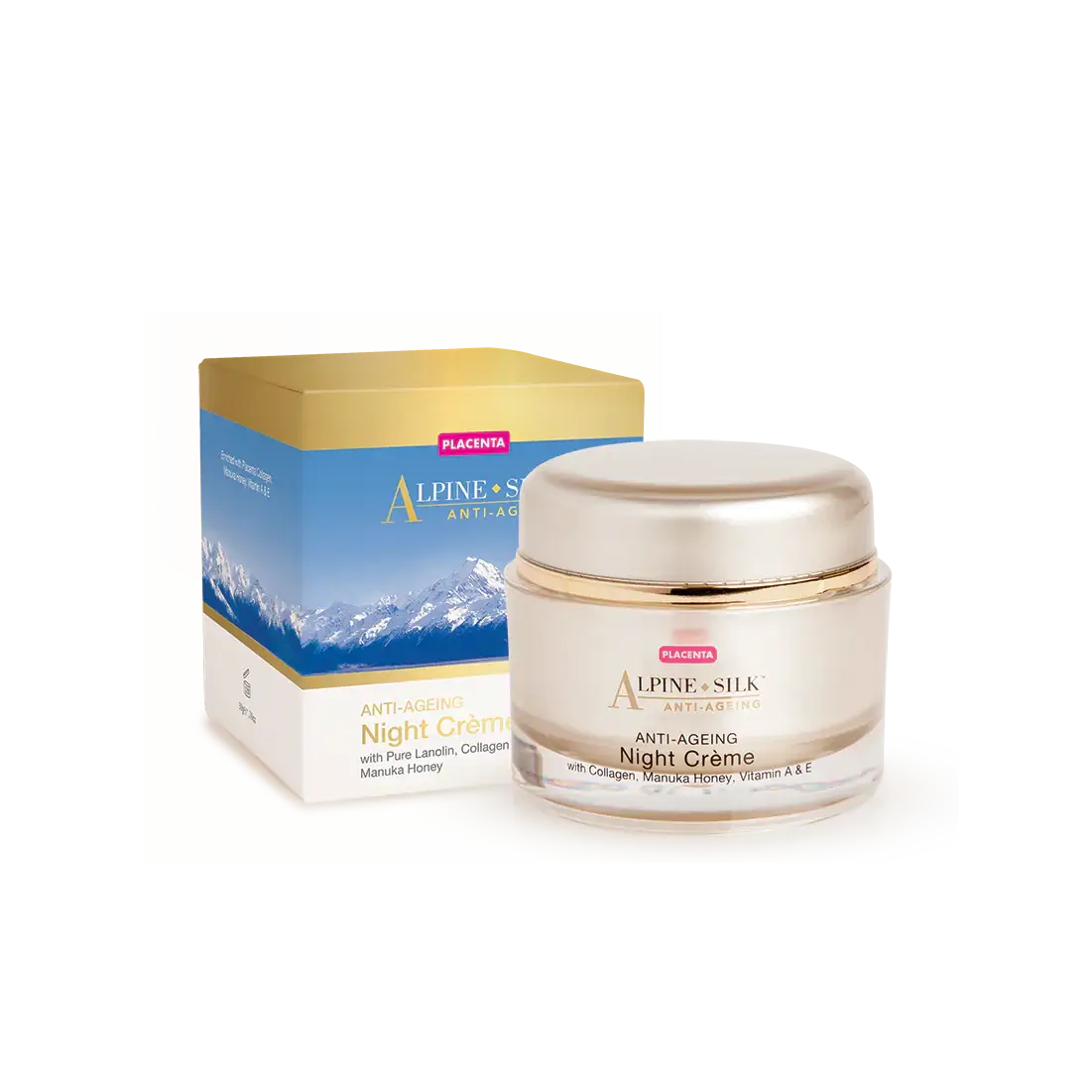 Luxurious Alpine Silk Anti-Ageing Night Cream with packaging showing benefits of anti-ageing ingredients.