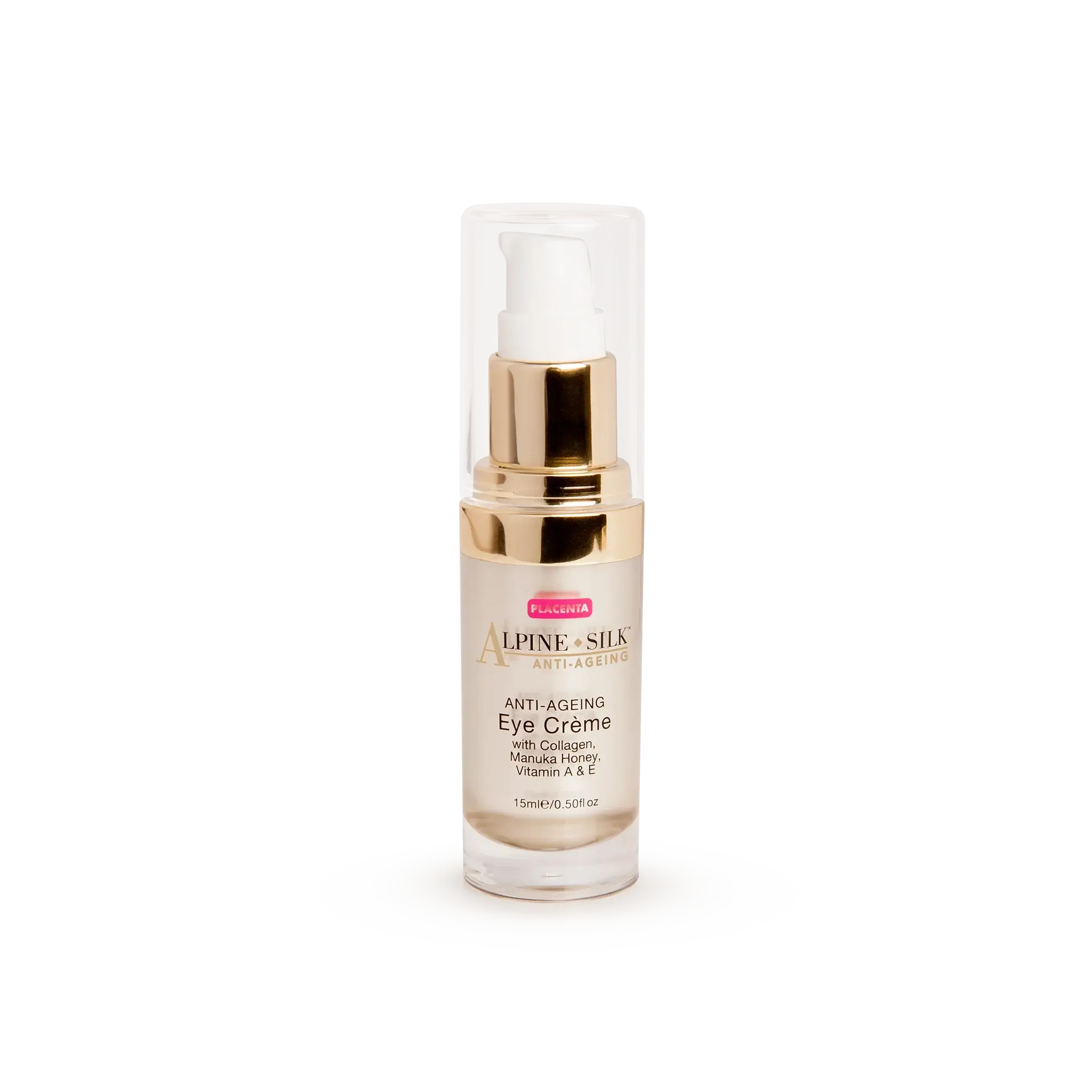 Alpine Silk Anti-Ageing Eye Cream 15ml in a clear bottle with a pump dispenser, designed for reducing fine lines.