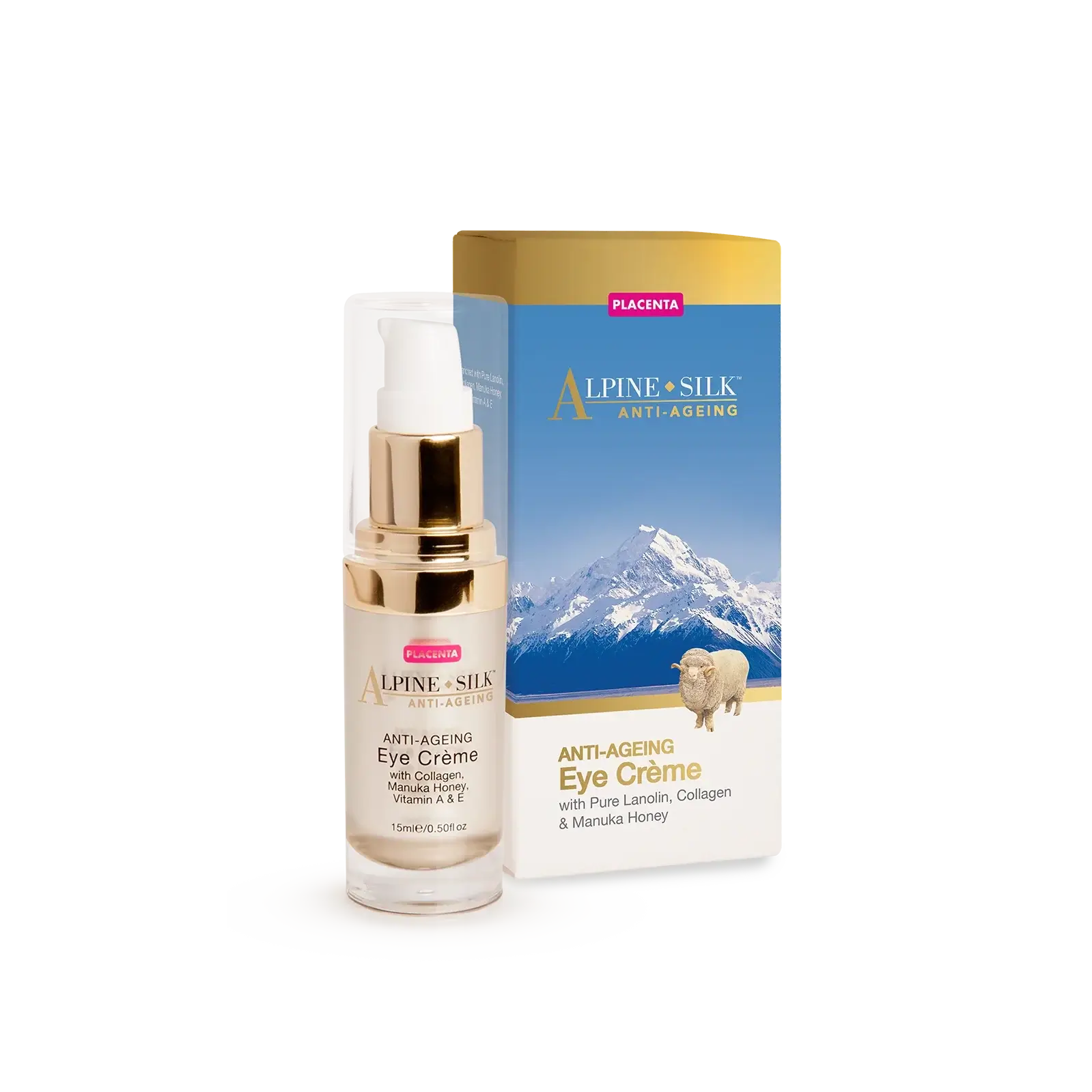 Alpine Silk Anti-Ageing Eye Cream 15ml product with packaging featuring ingredients like lanolin, collagen, and manuka honey.