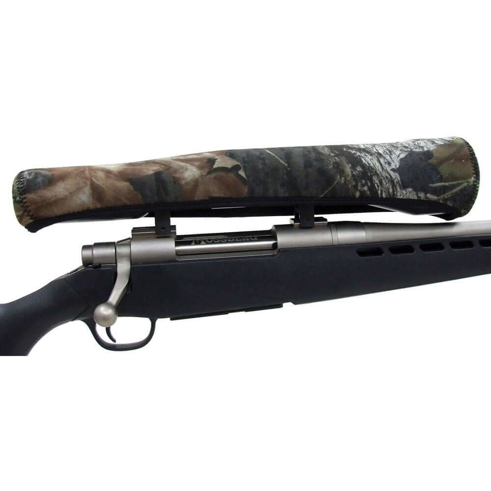 Allen scope cover for 15-inch scopes x 56mm LG on a rifle, featuring a camo design.