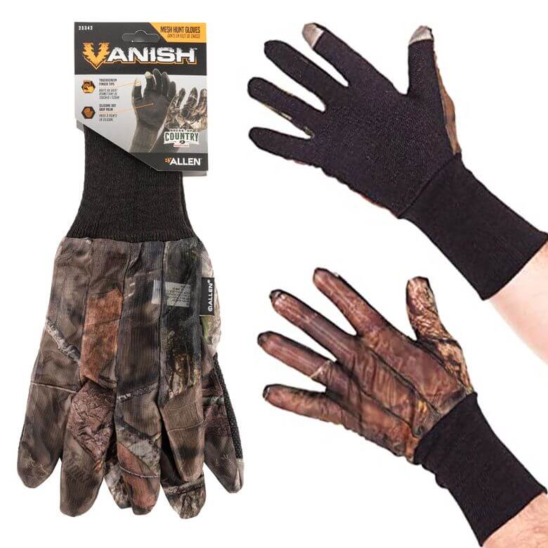 Allen Vanish Mesh Gloves featuring Mossy Oak Break-Up Country design and silicone dot grip palm, ideal for hunters.