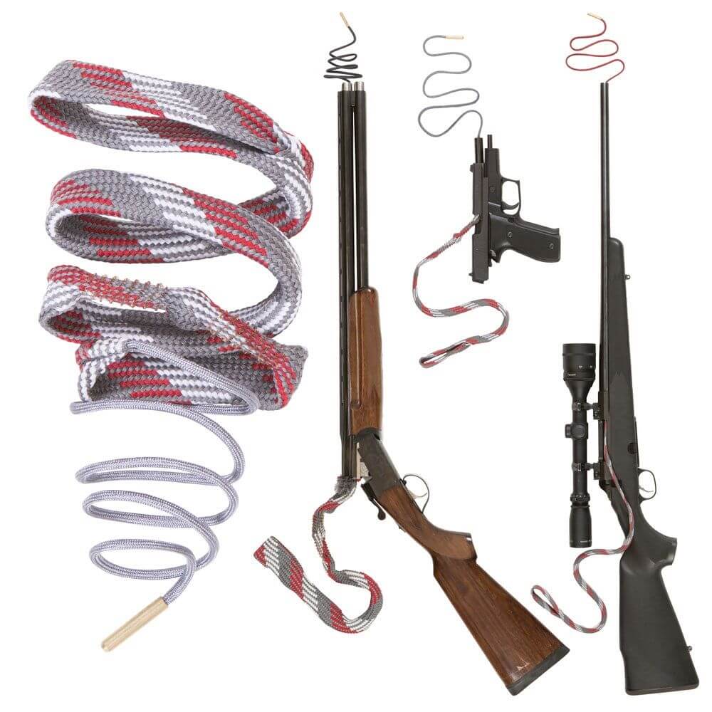 Allen Bore-Nado Bore Cleaning Rope with handguns and rifles in the background.