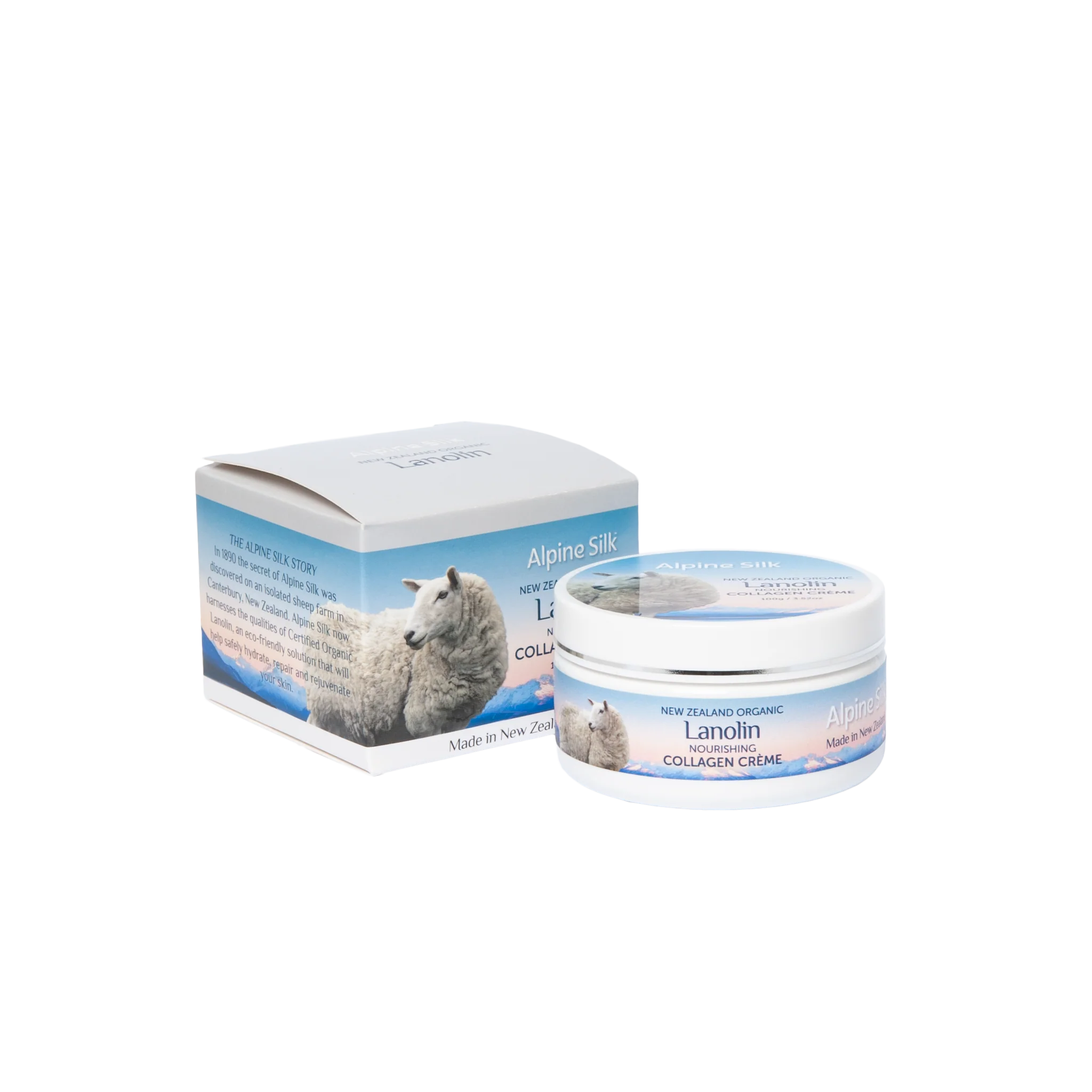 Alpine Silk Organic Lanolin Collagen Cream 100g packaging and product displayed on white background.