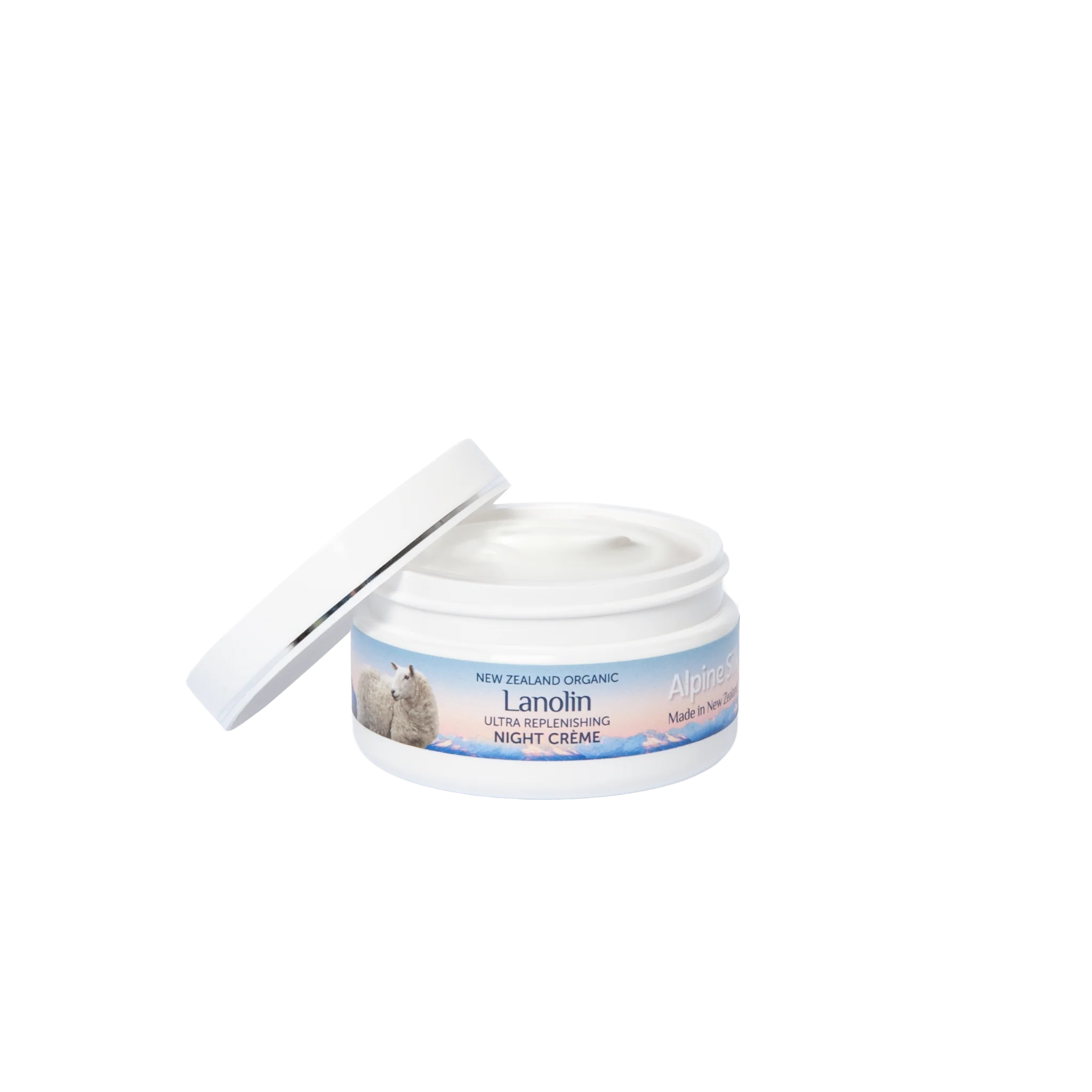 Alpine Silk Organic Lanolin Night Cream 100g in an open container showcasing the cream texture.