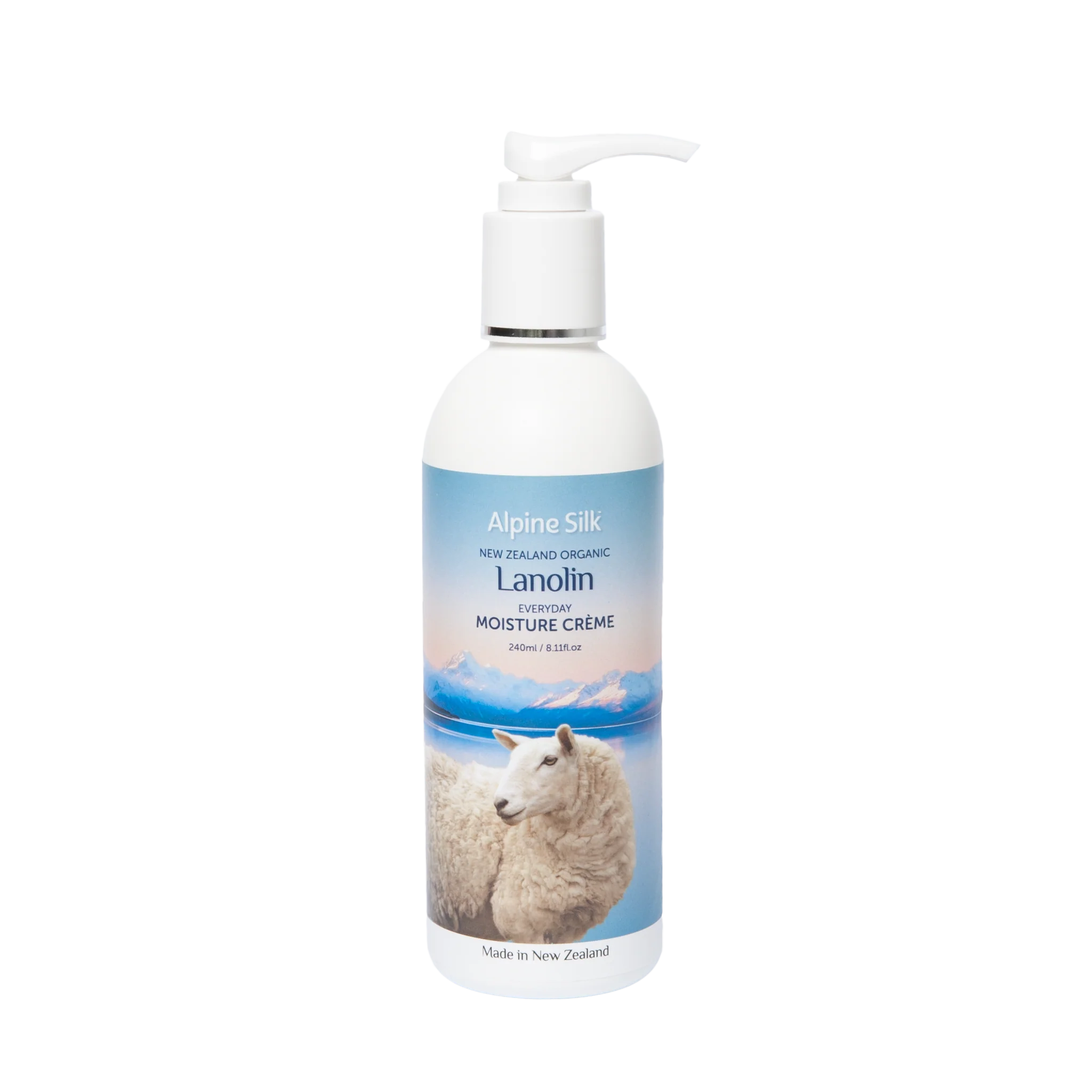Alpine Silk Organic Lanolin Moisture Cream Pump 240ml with a sheep on the label