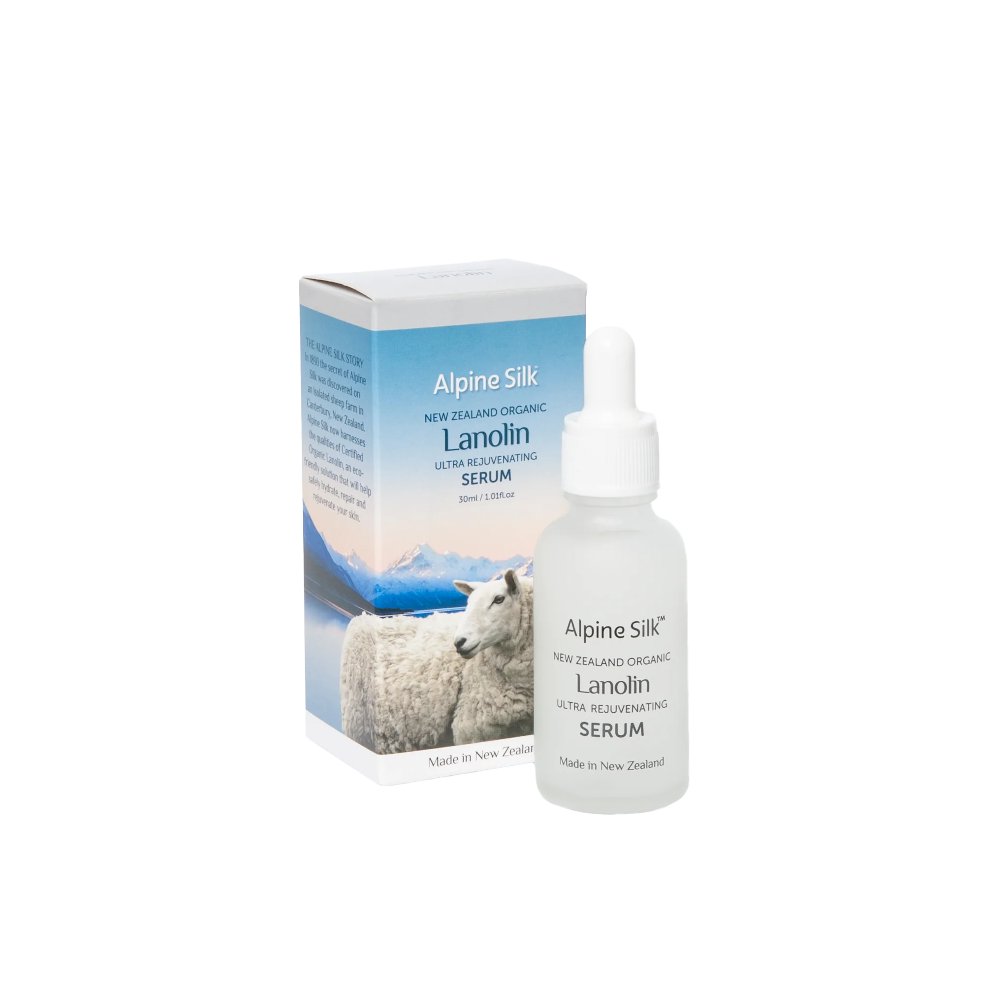 Alpine Silk Organic Lanolin Serum 30ml with packaging showcasing New Zealand scenery and sheep.