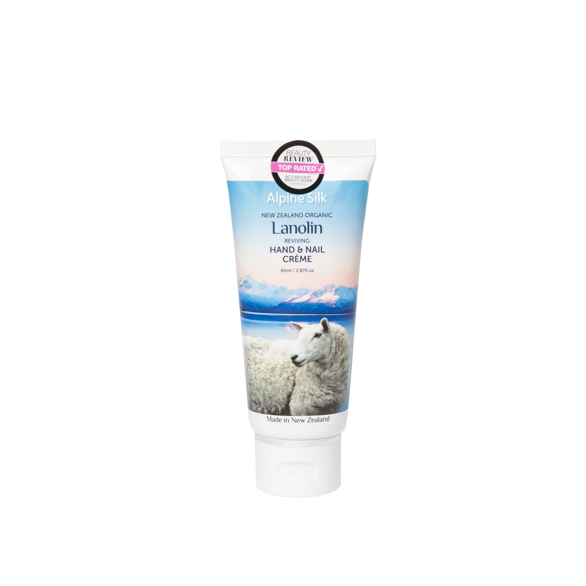 Alpine Silk Organic Lanolin Hand & Nail Cream 85ml tube with sheep in New Zealand scenery.
