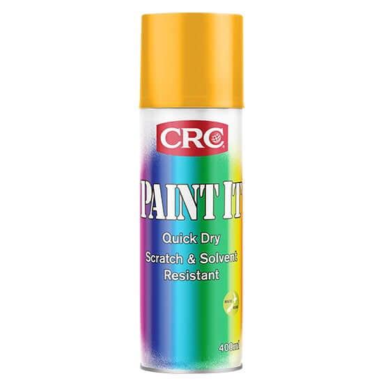 CRC Paint It Golden Yellow Gloss 400ml spray can, quick-drying enamel paint for various surfaces.