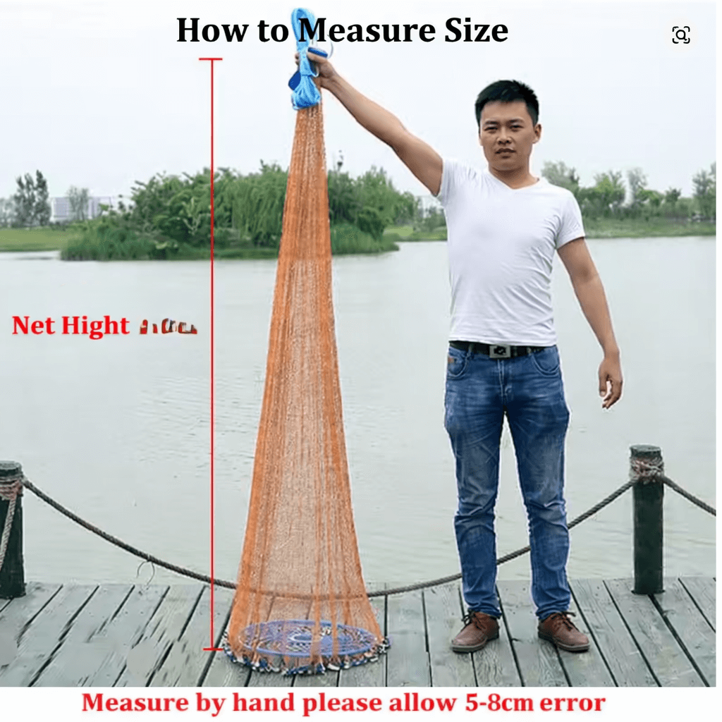 How to measure size of Frisbee Style 6FT x 1-00 Inch AM Style Cast Net by holding it upright.