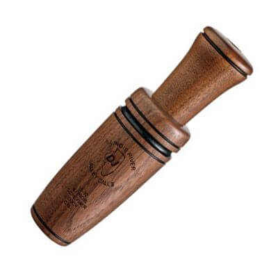 DJ Calls IS92 Illinois Screamer Duck Call showcased in a wooden design with engraved branding.