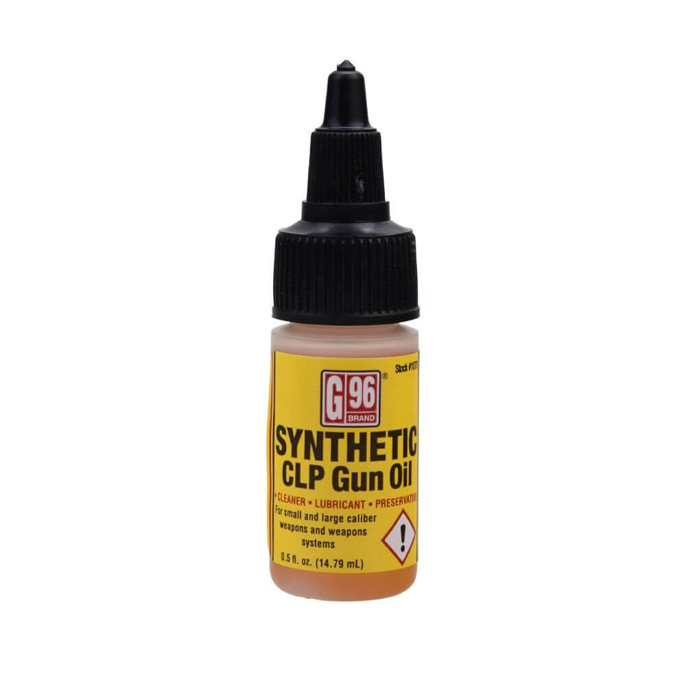 G96 Synthetic CLP Gun Oil 0.5 fl oz bottle with yellow label and black nozzle.