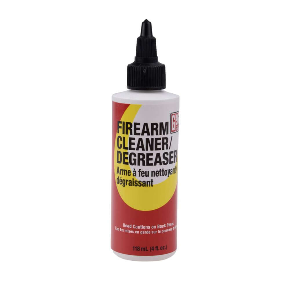 G96 Gun Cleaner & Degreaser 4 fl oz Bottle with red and yellow label for effective firearm cleaning.