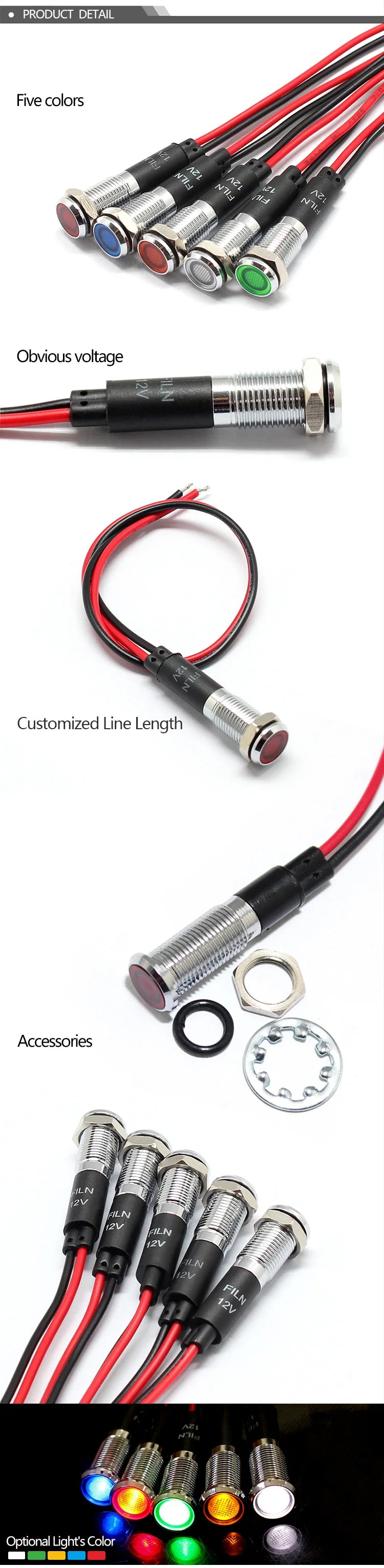 8mm 12V 24V 110V 220V Metal LED Pilot Panel Dash Signal Indicator Warning light 20cm cable Chrome Finish Car Boat Marine - Action Outdoors Kiwi