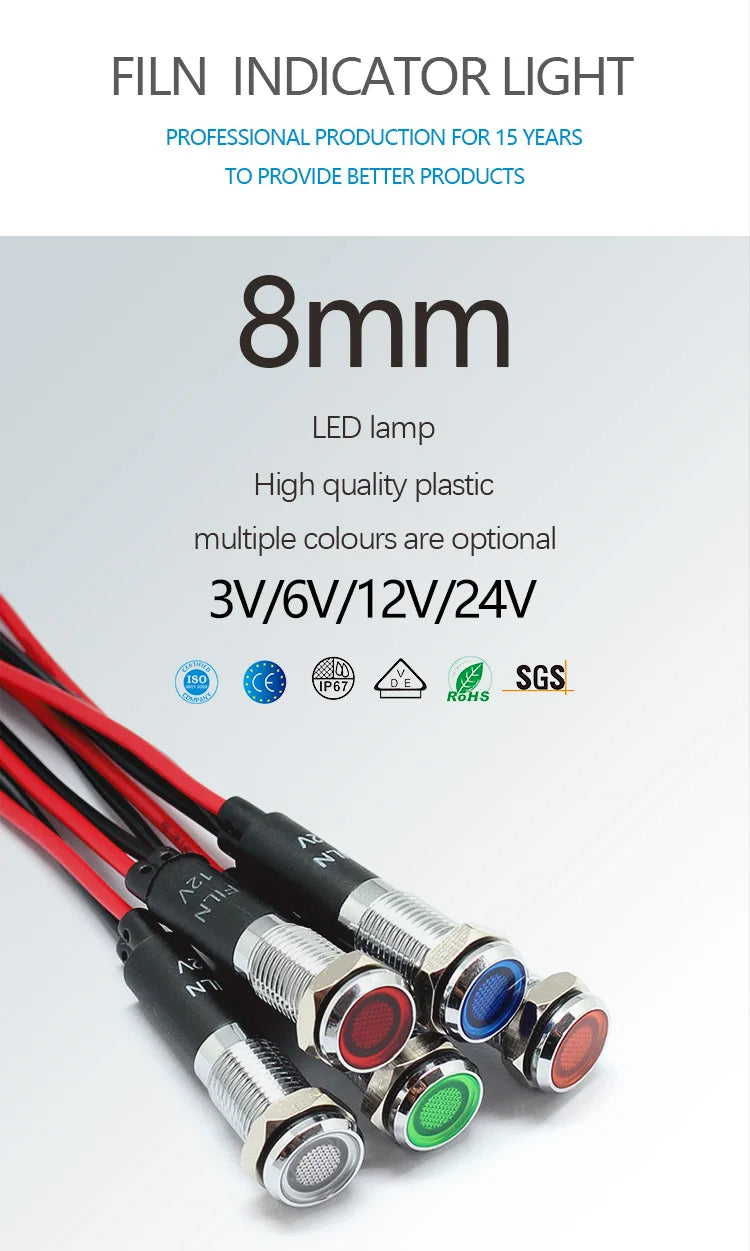 8mm 12V 24V 110V 220V Metal LED Pilot Panel Dash Signal Indicator Warning light 20cm cable Chrome Finish Car Boat Marine - Action Outdoors Kiwi