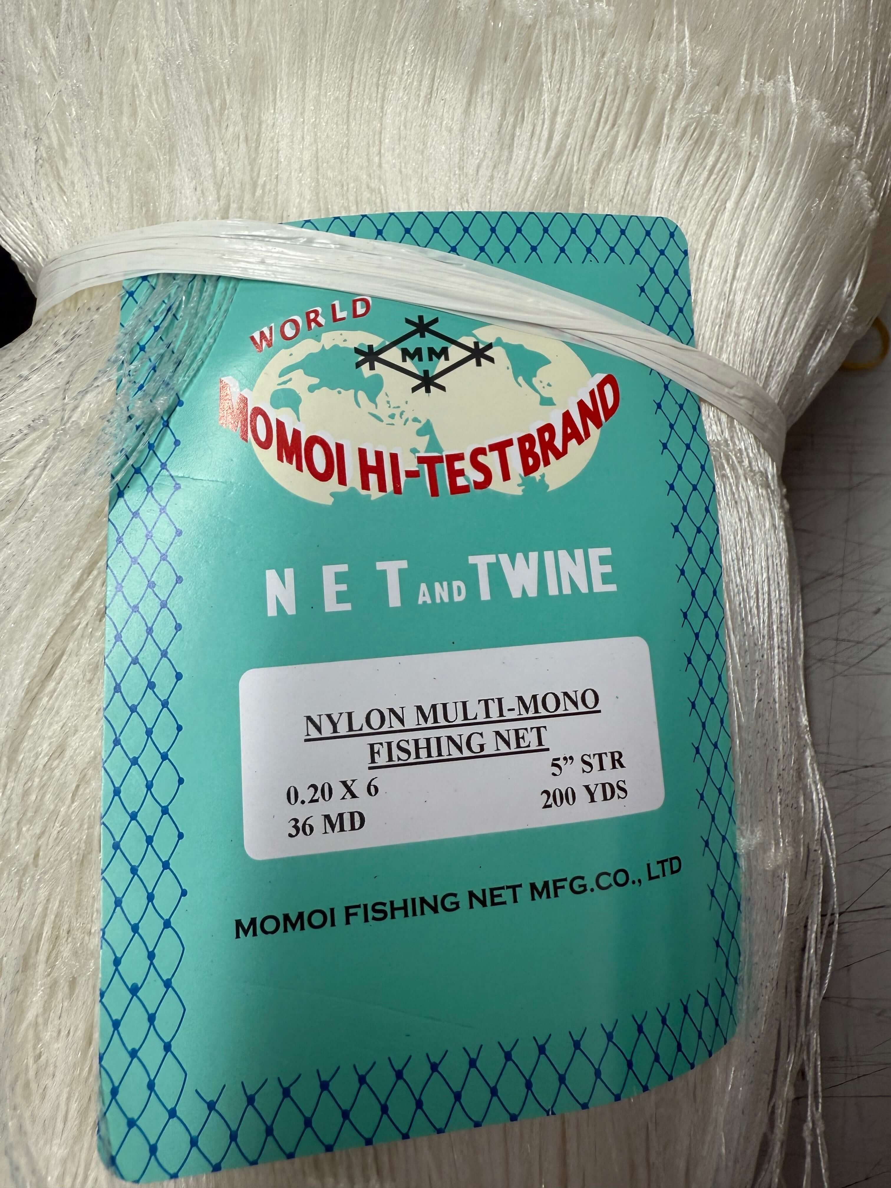 Momoi Snapper - Trev Mesh showing nylon multi-mono fishing net with specifications including 36 MD and 200 yards length.