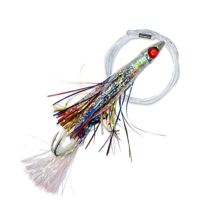 Pacific Teaser Xmas Tree - Rigged tuna lure featuring a vibrant design with a metal head and colorful strands.