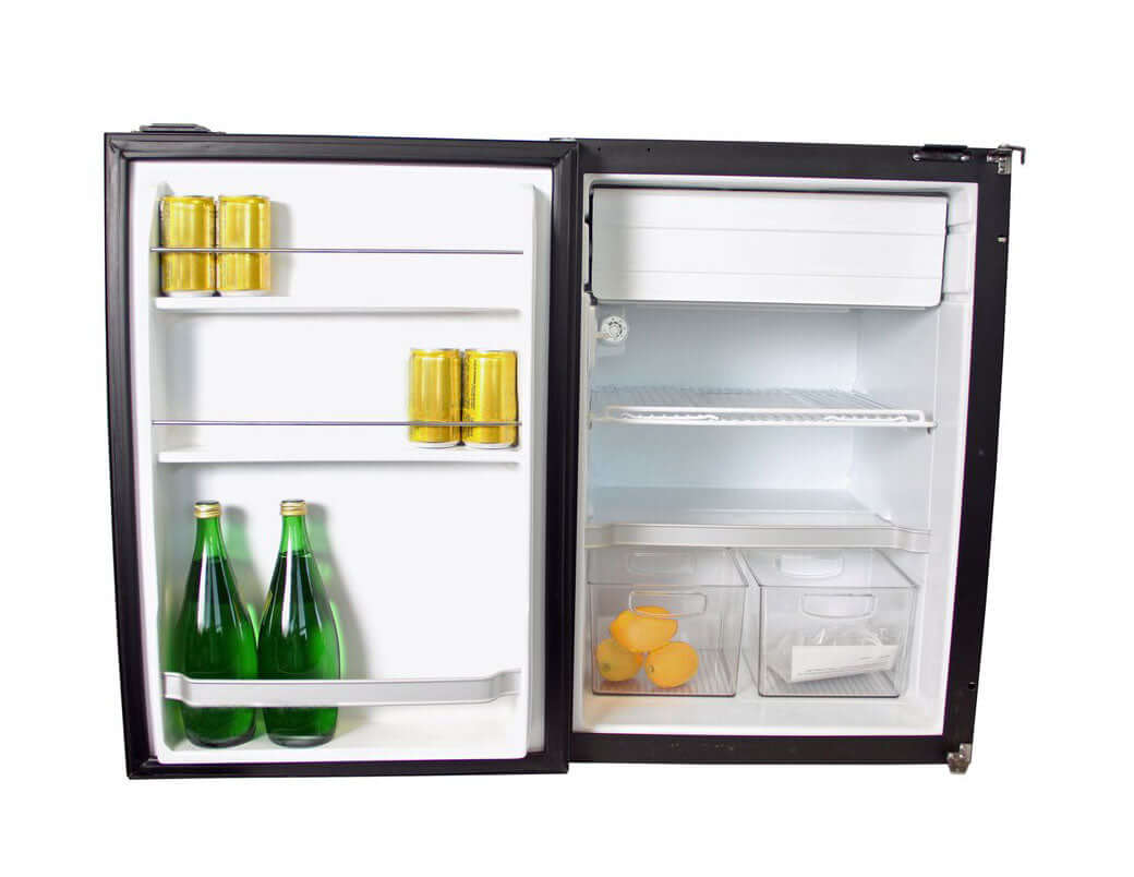 Novakool 122L Fridge freezer NCR4500 showcasing open doors with drinks and fruits inside.