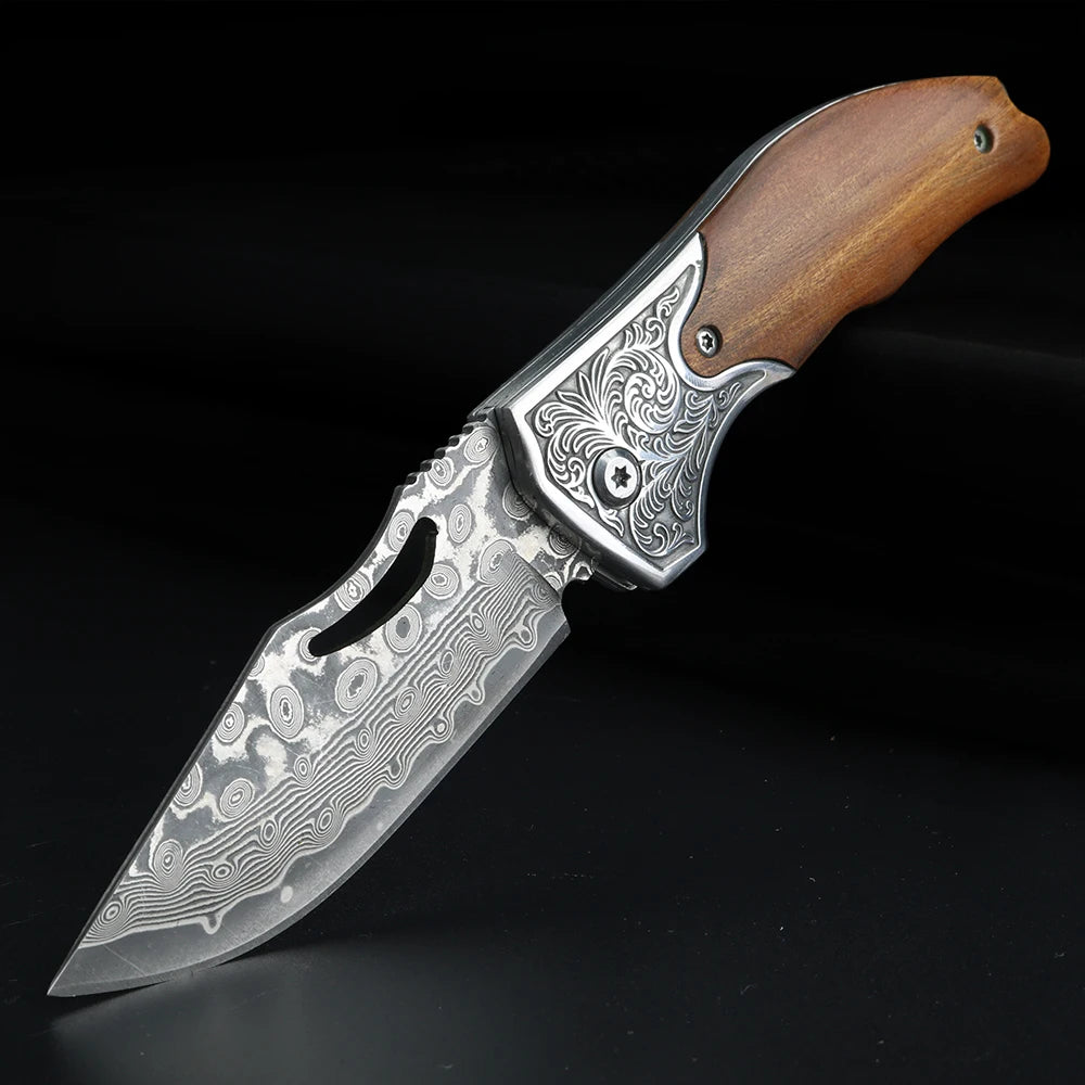 XUANTENG Damascus Laser Pattern Small Knife Hollow Handle Outdoor Knife Camping Hunting Knife Survival Knife - Action Outdoors Kiwi