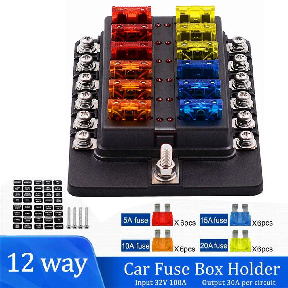 Universal 12Ways Car Blade Holder Fuse Box With LED Indicator Light 12V 32V Screw Binding Post Fuse For Car Boat Marine - Action Outdoors Kiwi
