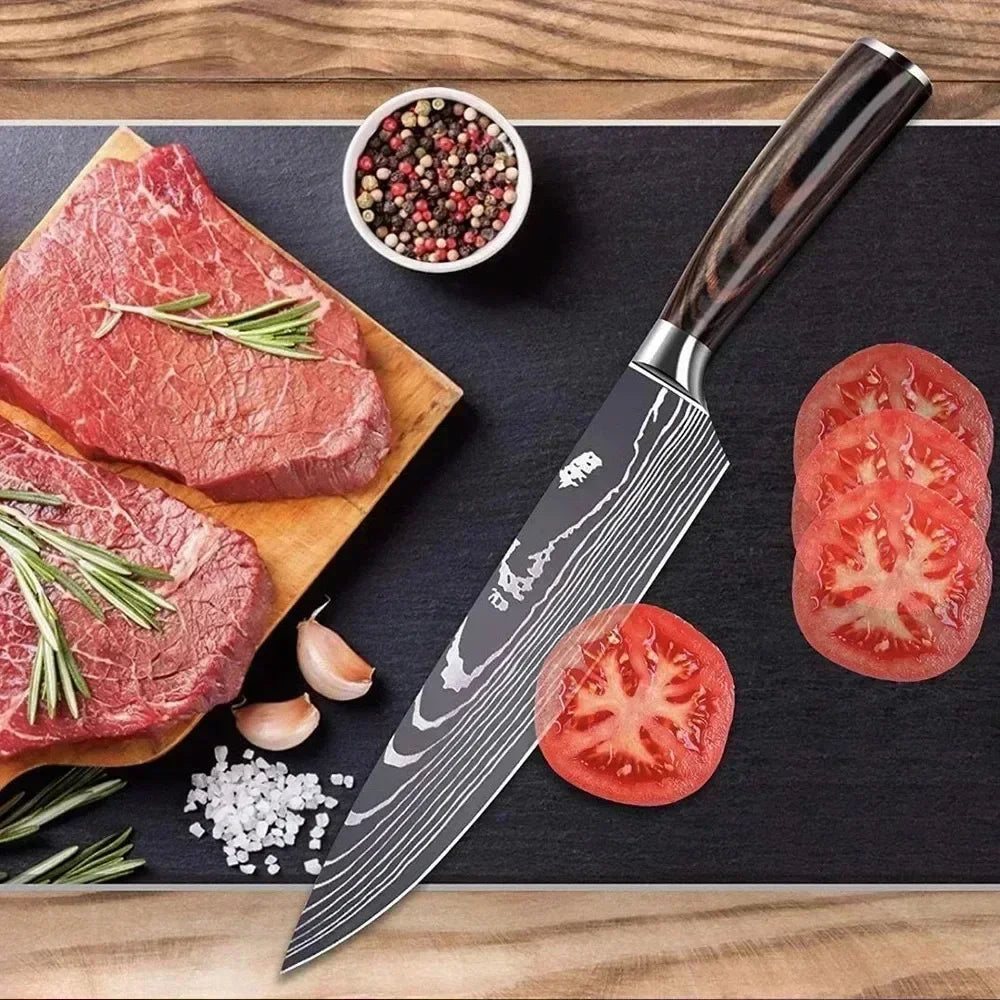 Laser Damascus Kitchen Knife Cleaver Meat Fruit Bread Knife Barbecue Boning Knife Cut Chicken Convenient Scissors Kitchen Knives - Action Outdoors Kiwi