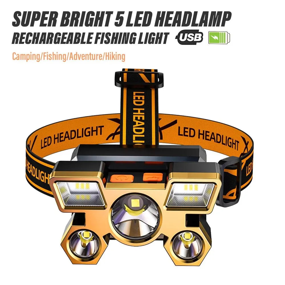 5*LED High Power Headlamp, Super Bright Rechargeable Fishing Camping Light, Long Distance Head Mounted Mining Lamp, Flashlight - Action Outdoors Kiwi