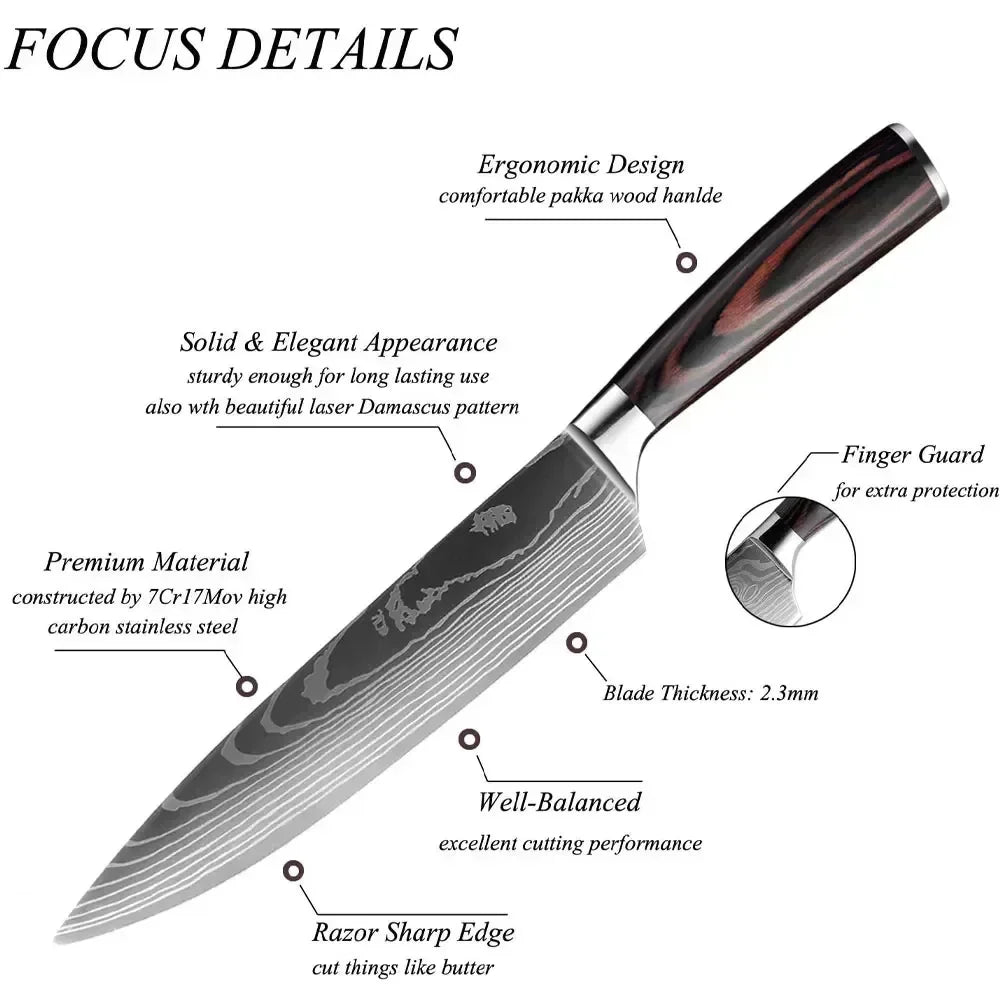 Laser Damascus Kitchen Knife Cleaver Meat Fruit Bread Knife Barbecue Boning Knife Cut Chicken Convenient Scissors Kitchen Knives - Action Outdoors Kiwi