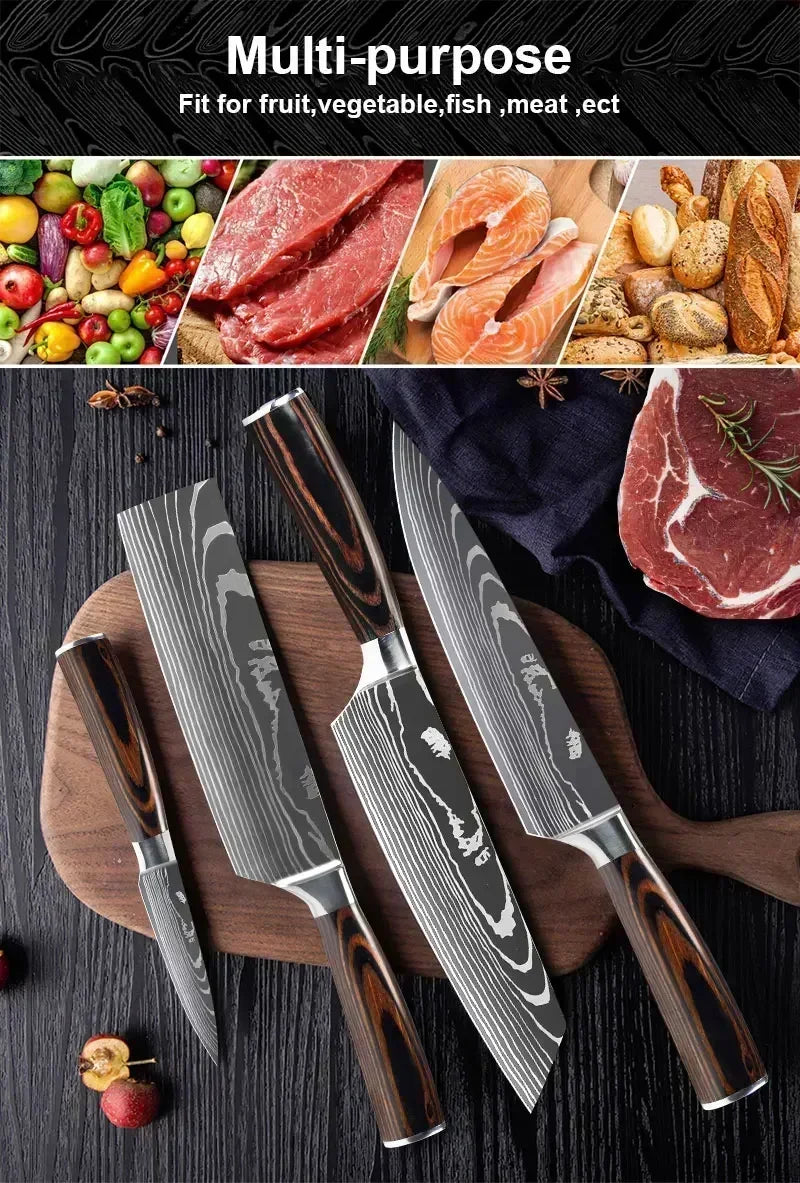Laser Damascus Kitchen Knife Cleaver Meat Fruit Bread Knife Barbecue Boning Knife Cut Chicken Convenient Scissors Kitchen Knives - Action Outdoors Kiwi