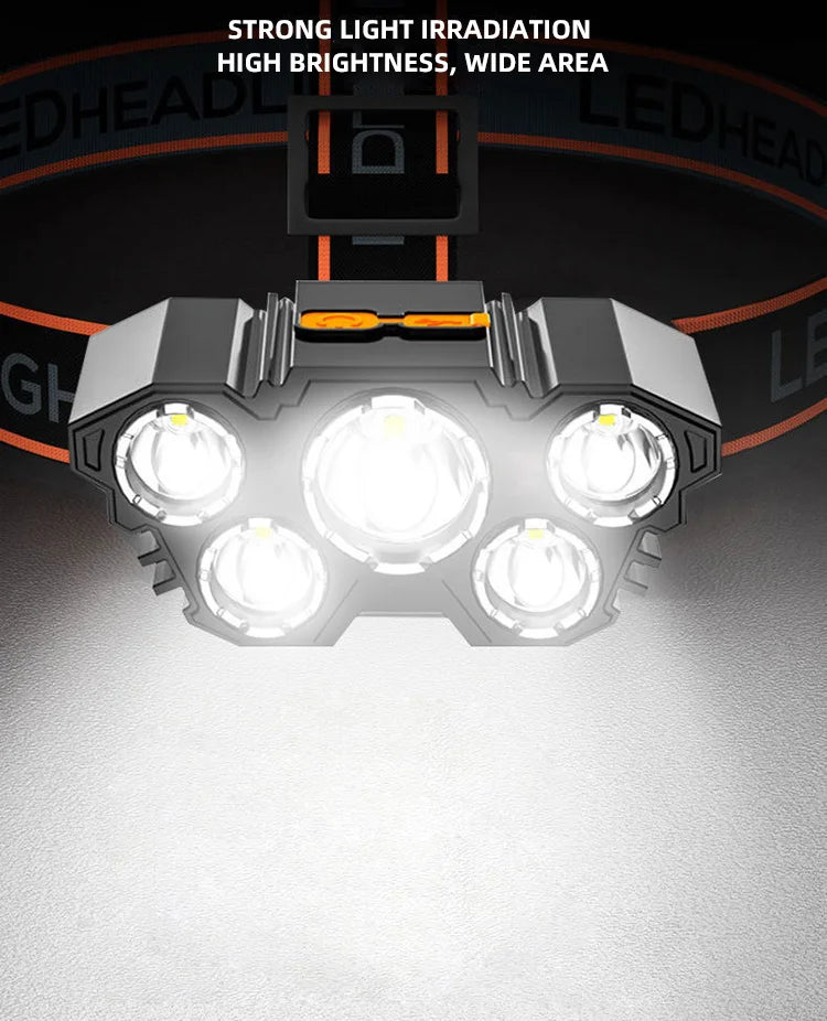 5 LED Headlamp Rechargeable with Built in 18650 Battery Strong Light Headlight Camping Adventure Fishing Head Light Flashlight - Action Outdoors Kiwi