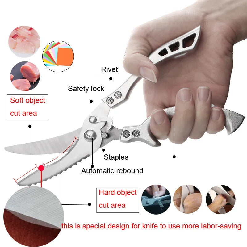 Kitchen Scissors Multifunctional Stainless Steel Food Scissors Chicken Bone Meat Fishing Crab Greens Cutting Trimming Scissors - Action Outdoors Kiwi