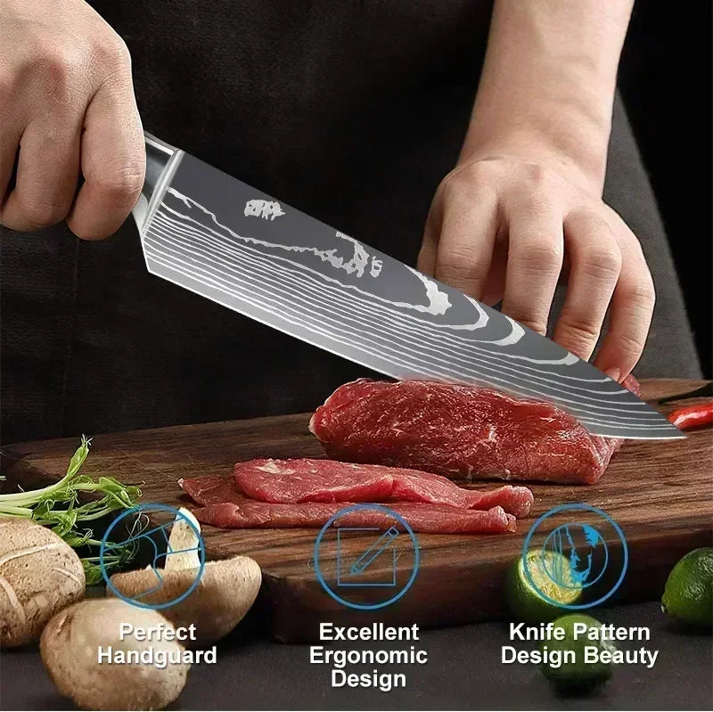 Laser Damascus Kitchen Knife Cleaver Meat Fruit Bread Knife Barbecue Boning Knife Cut Chicken Convenient Scissors Kitchen Knives - Action Outdoors Kiwi