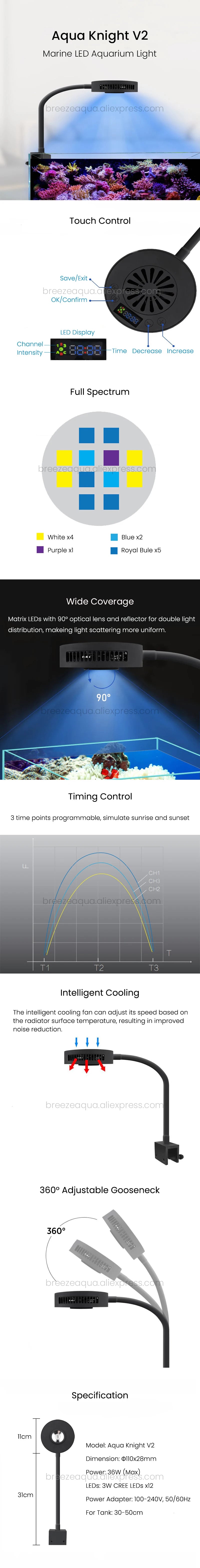 Spectra Aqua Knight V2 36W Full Spectrum Touch Control Built-in Timer Marine Coral Reef Saltwater Fish Tank Aquarium LED Light - Action Outdoors Kiwi