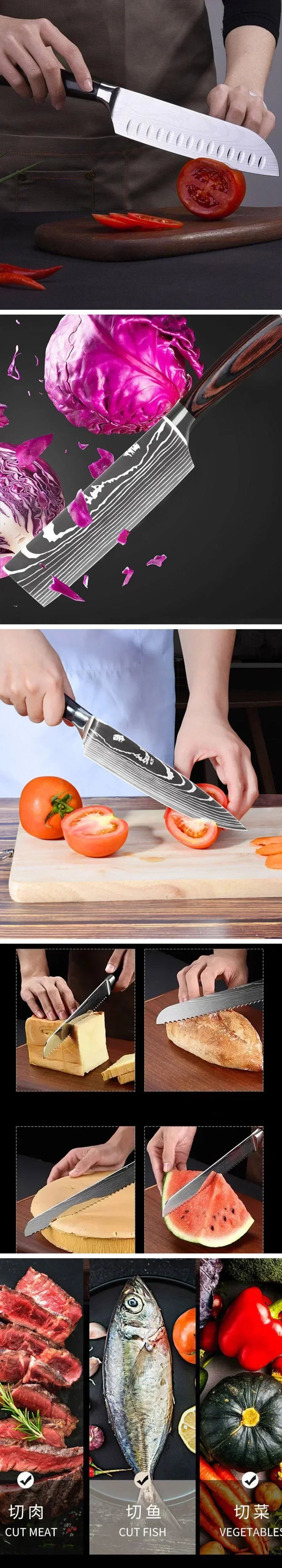 Laser Damascus Kitchen Knife Cleaver Meat Fruit Bread Knife Barbecue Boning Knife Cut Chicken Convenient Scissors Kitchen Knives - Action Outdoors Kiwi