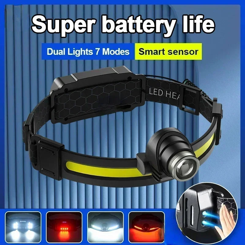 High Power LED Headlamp 7 Mode COB Sensor Headlight Head Torch Flashlight Head Lamp By 18650 Battery For Camping Fishing Hunting - Action Outdoors Kiwi