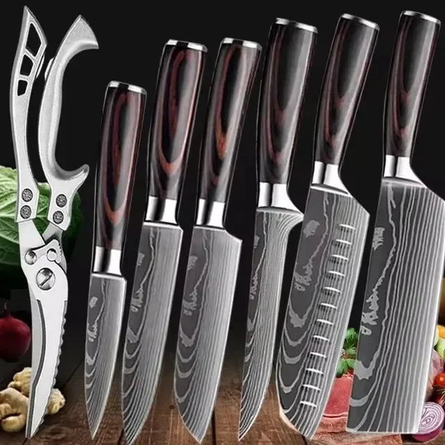 Laser Damascus Kitchen Knife Cleaver Meat Fruit Bread Knife Barbecue Boning Knife Cut Chicken Convenient Scissors Kitchen Knives - Action Outdoors Kiwi